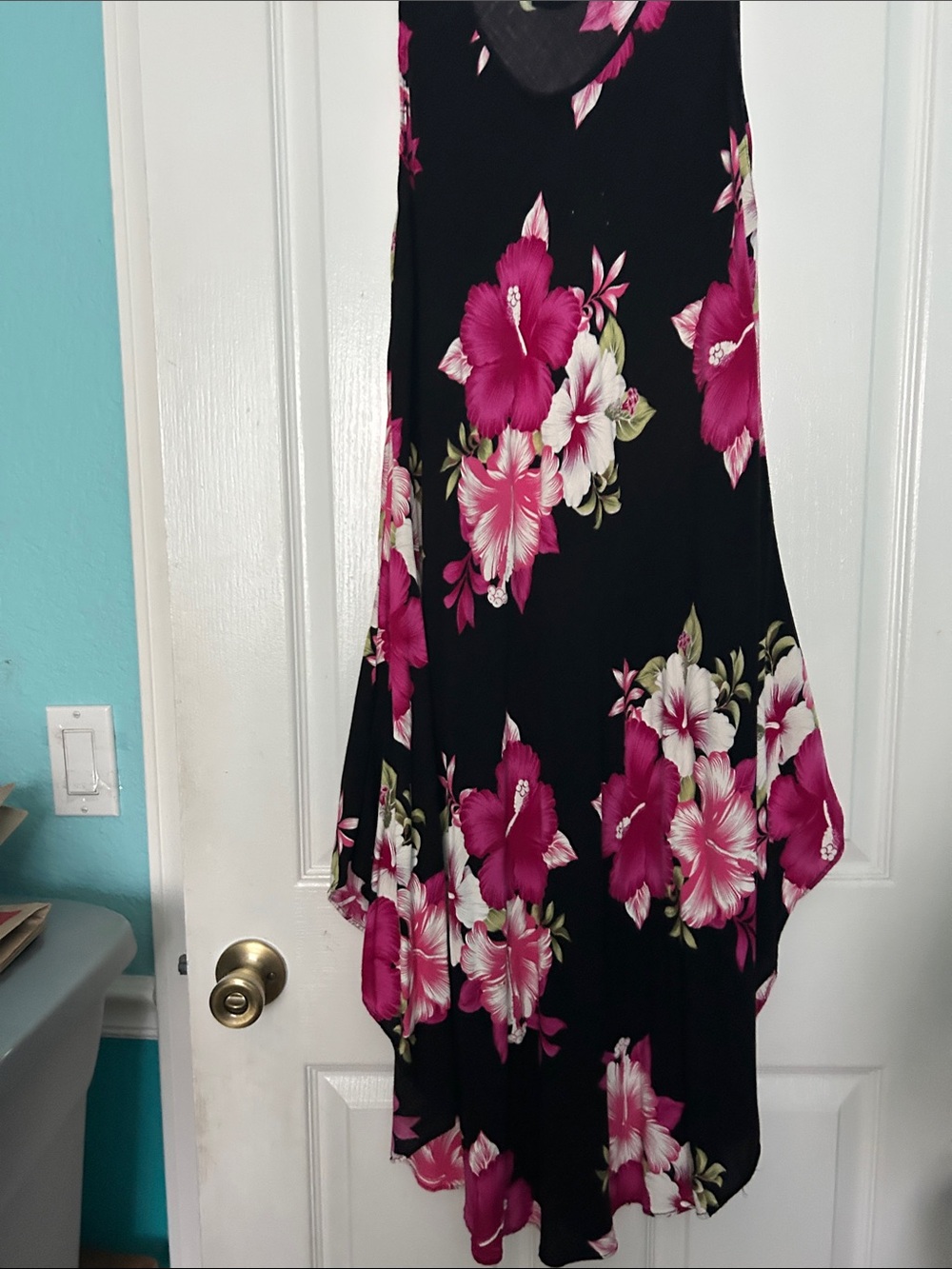 Black Floral Maxi dress with Fuchsia Hibiscus Print